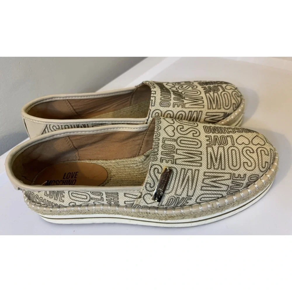 LOVE MOSCHINO Logo Beige Canvas Espadrilles 38 US‎ 8 Platform